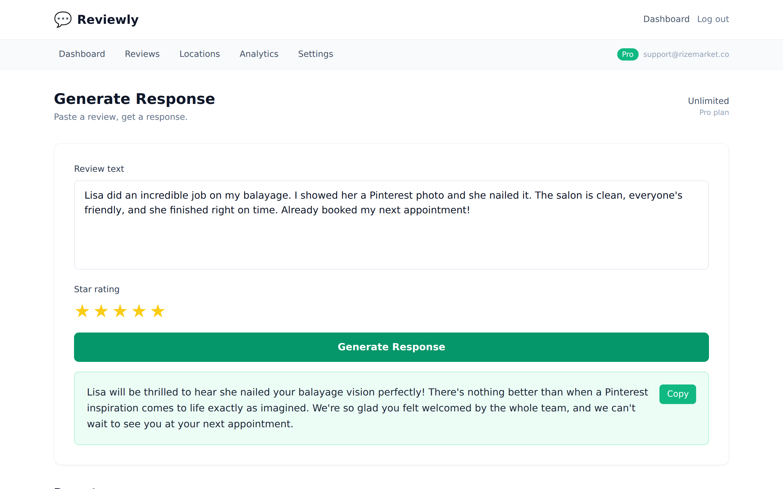 Reviewly generating a 5-star review response - 5 star review response examples