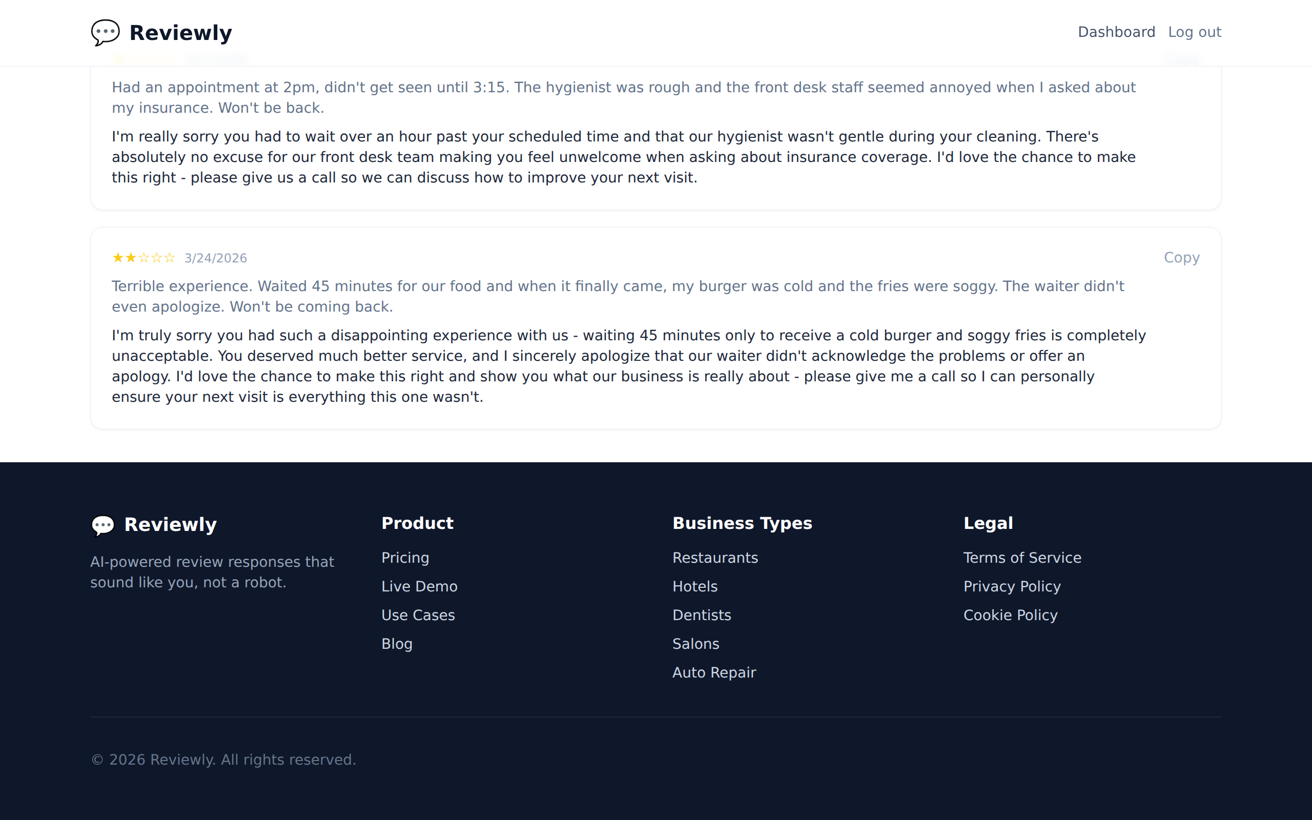 Consistent brand voice across multiple review responses - customer service negative review response examples